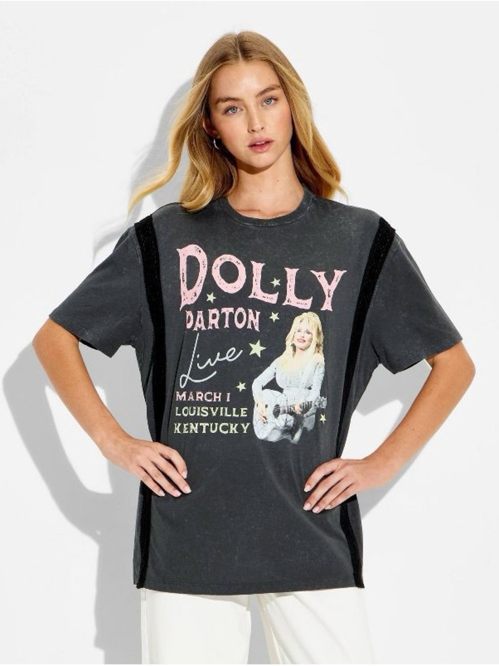 Dolly Parton Women's Short Sleeve Live Tour Graphic T-Shirt Lace Detail Black L